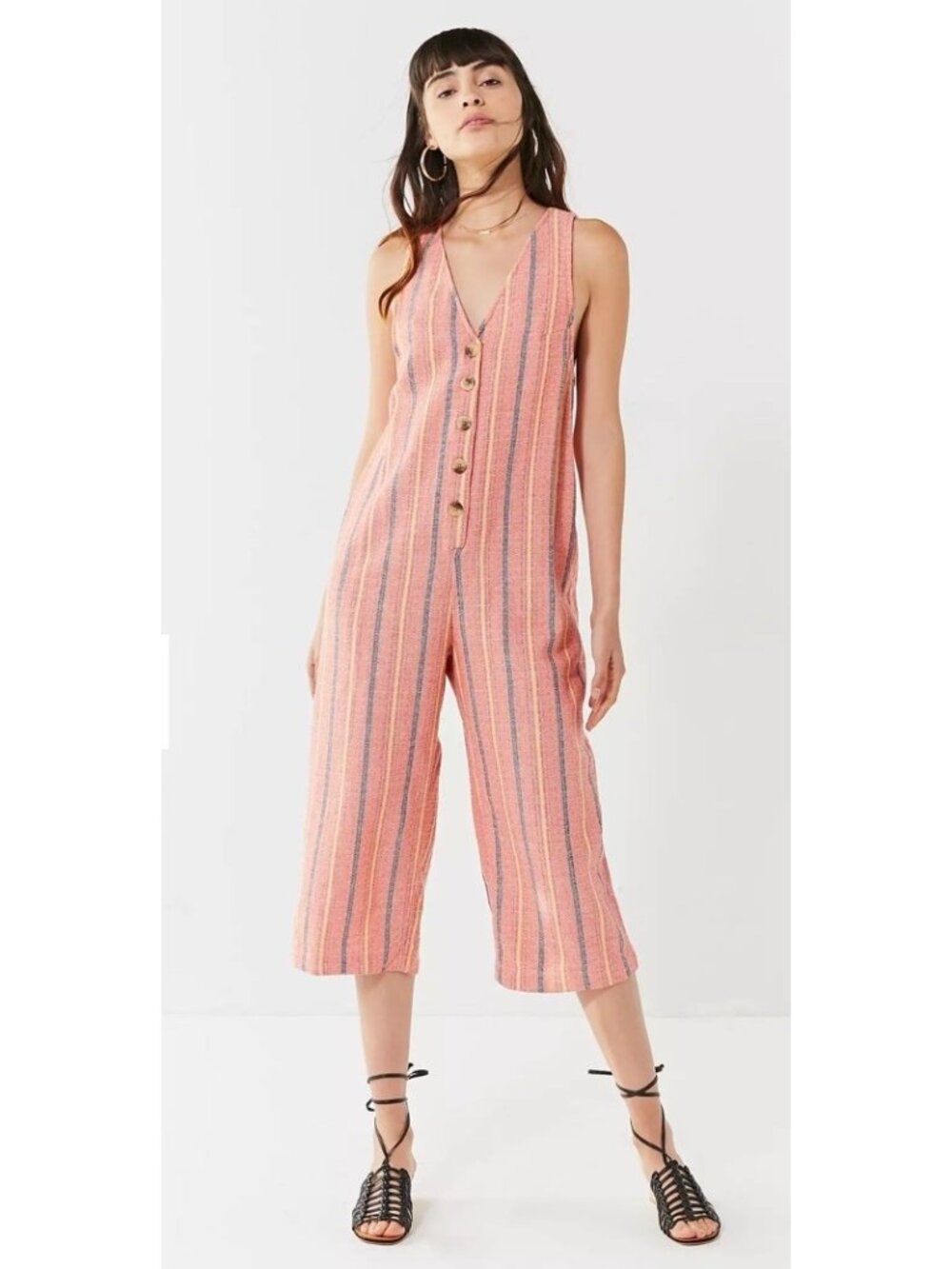 UO Urban Outfitters Button-Down Jumpsuit Womens Size XS Orange Striped Knit
